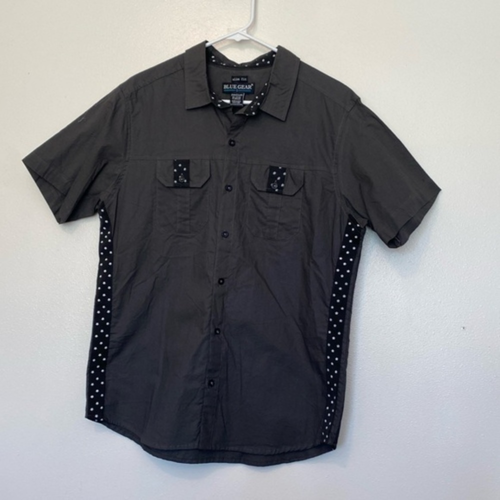 Blue Gear  bg Shirt Button Up black charcoal gray stretch slim fit shirt medium